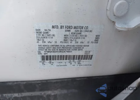 2024 Ford Explorer Xlt z USA, uszkodzony, nr VIN 1FMSK8DH3RGA79861